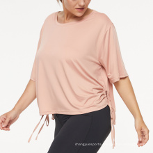 New Plus Size Active Women Shirts Side Drawstring Quick Dry Running T-Shirt Crew Neck Blank Gym T-Shirt